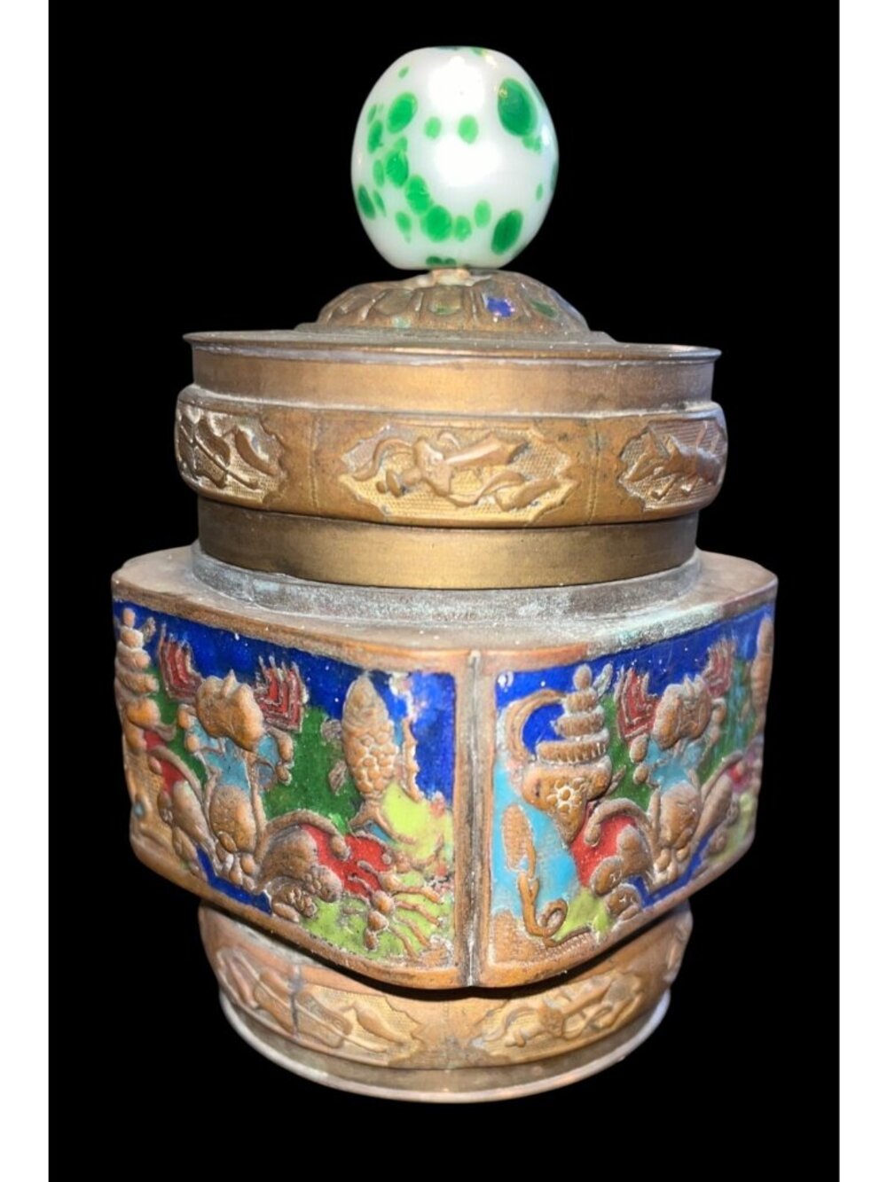 Antique Brass Cloisonné Enameled Octagonal Tea Caddy/Trinket Box Peking Glass Kn